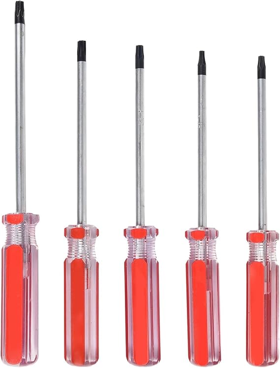 for TORX Screwdriver Set 5pcs for T15 for T20 for T25 T27 for T30 Star Bit Driver for Repairing Tools with Chrome Vanadium Steel Rod and PVC Handle Red Silver 4 Inch Length for Maintenance