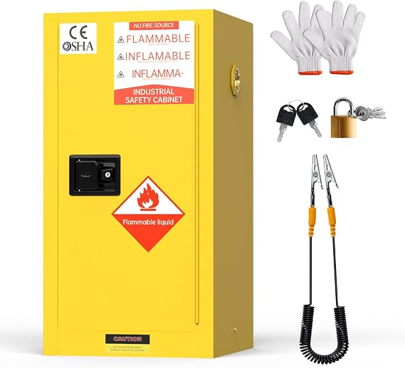 16 Gallon Flammable Storage Cabinet 18 x 18 x 35in, Galvanized Steel Flammable Liquid Storage Cabinet, Adjustable Shelves (16 Gallon Yellow)