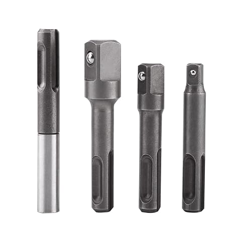 4PCS SDS Plus Socket Adapter Set, SDS Plus Shank to 1/4" Hex Socket Adaptor and 1/4" 3/8" 1/2" Heads Drill Bit Extension Connector Power Drill Bit Adapter for Electric Drills and Chuck