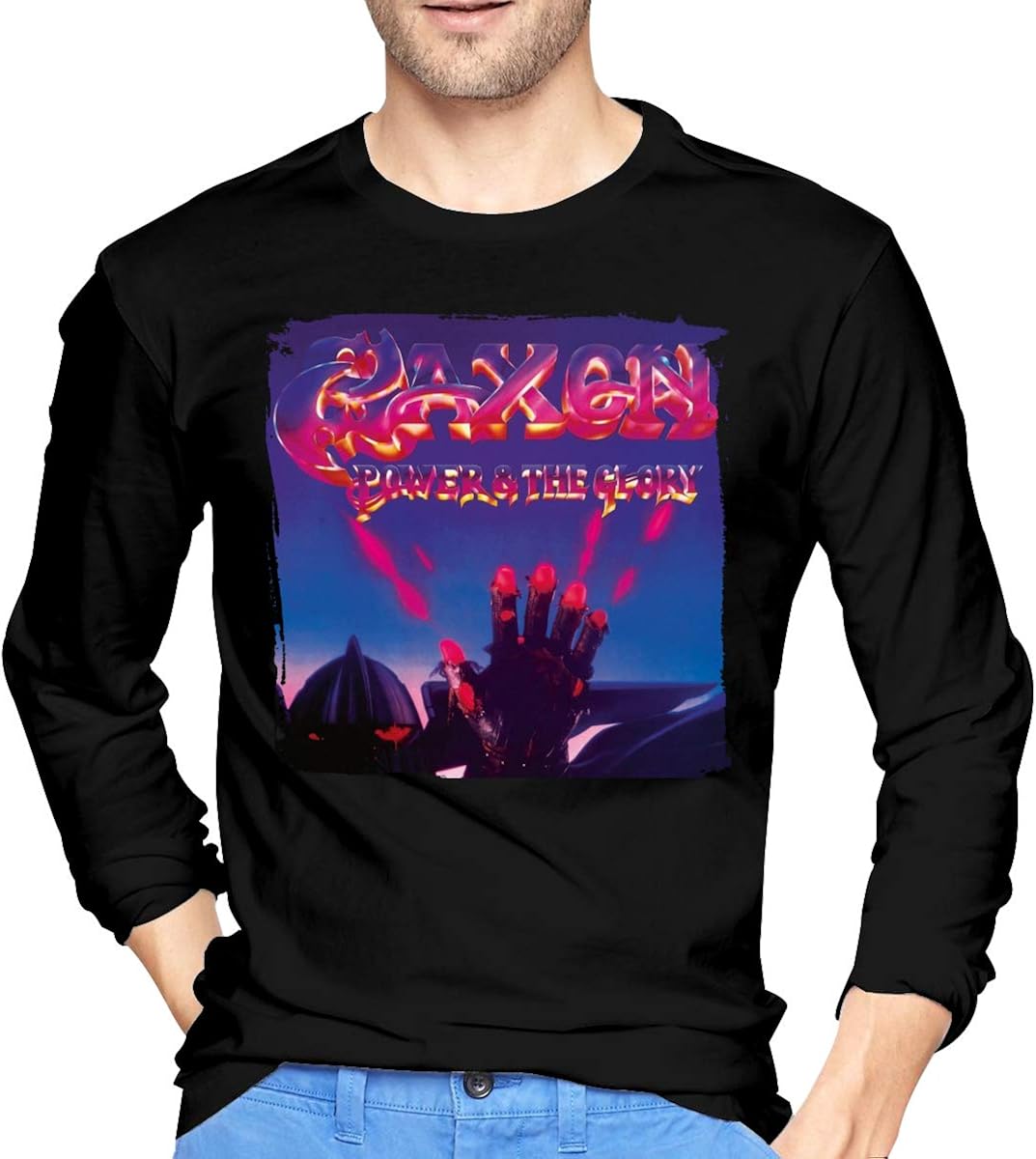 Saxon Power and The Glory Men Cool Graphic Long Sleeve T Shirt Sports Tops Black