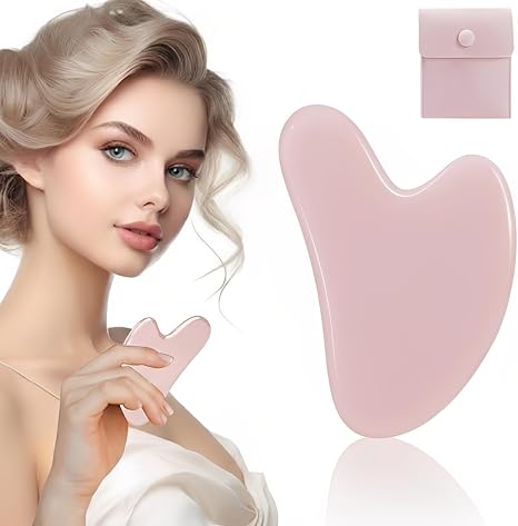 Guasha Board Massage Tool Heart Shape Jade for Face Eyes Neck for Skin Care Beauty and Relaxation of Body Muscles (Pink)