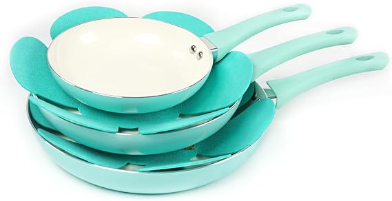 HAWOK 3-Piece Aluminum Frying Pan Set, 8, 10 and 12 Inch, Aqua, with Pan Protectors
