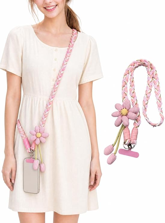 Crossbody Phone Lanyard With Flower Charm, Hands Free Strap For Women