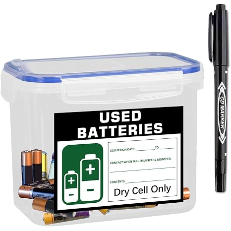 Battery Disposal Container for Used Dry Cell Batteries, Battery Recycling Storage Box with Label & Date Marker, Battery Organizer Bin for Home Office and Workplace Collection