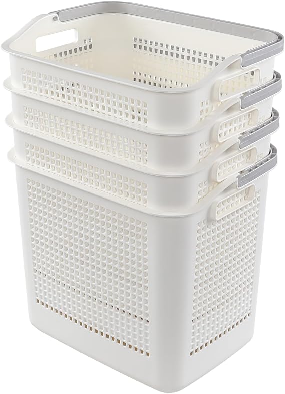Ggbin 4 Packs 35 L Plastic Laundry Hamper Basket with Carry Handles, White