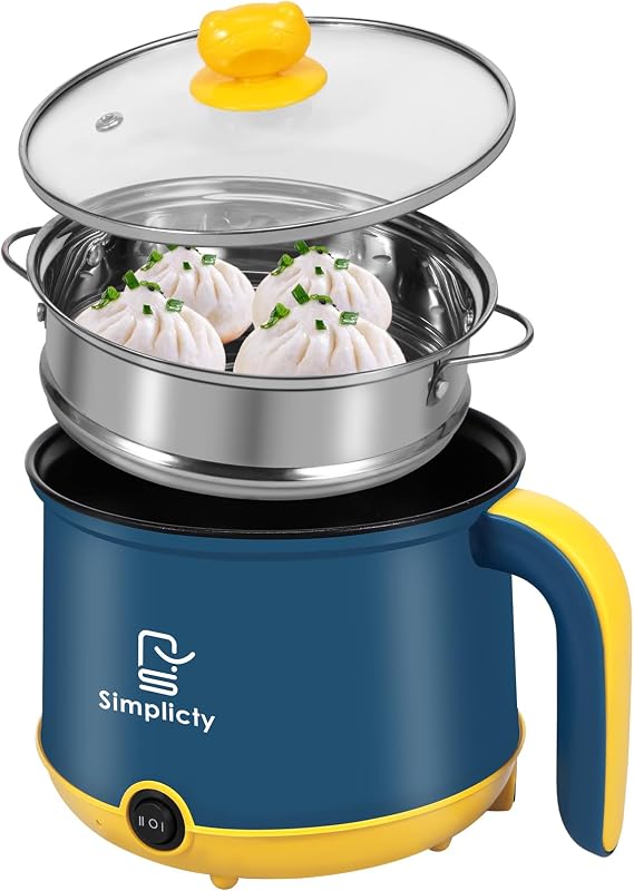 Electric Hot Pot 1.8L Mini Electric Cooking Pot with Steam Rack & Handle, 2 Gear Non-Stick Skillet Cooker,Multi-Function Dry Protection Heating Boil Rapid Ramen Noodles Cooker for Soup Porridge