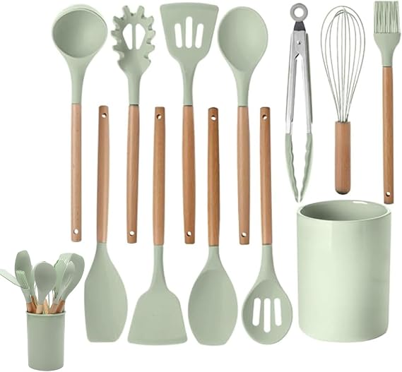 12-Piece Silicone Kitchen Utensil Set with Wooden Handles, Heat-Resistant, Nonstick Cooking Tools Set with Tongs, Spatula, Spoons & Holder, Dishwasher Safe Best Kitchen Gadgets (Green, One Size)