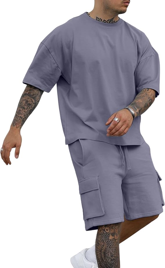 Men's 2 Piece Outfits Casual Tracksuit Cargo Shorts Summer Athletic Drop Shoulder Sleeve Sportwear Set