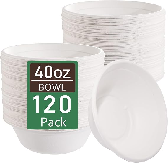 Nervure 120 Pack Biodegradable Disposable Paper Bowls - 40 oz Compostable Heavy Duty Soup Bowls Eco Friendly Made of Sugarcane for Party & Picnic