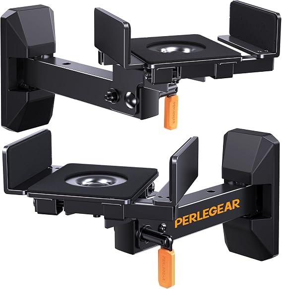 Perlegear Wall Mounts - Pre-Assembled Bookshelf Speaker Mount with Cushioned Tilt Knob, Swivel and Rotate, Dual Side Clamping Mount up to 11 lbs, Black and Orange, 1 Pair, PGSM02B