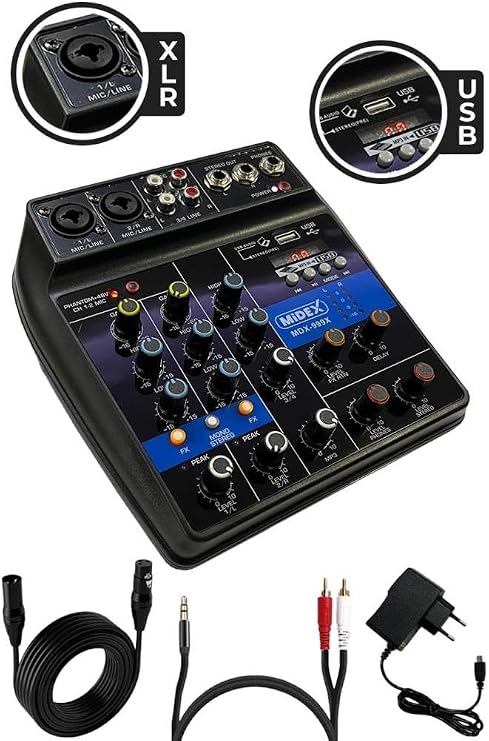 Midex MDX-999X Stüdyo Kayıt İçin Ses Kartlı +48V Phantomlu Kayıt Mikseri (XLR Kablo + Rca Hediye)