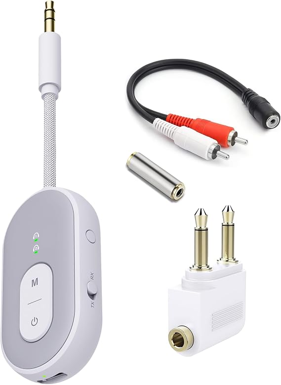 Bluetooth 5.3 Transmitter Receiver, Double Connection Receiver 3.5mm Aux Audio Adapter with RCA Cable, 2-in-1 Airplane Wireless Bluetooth, aptX Adaptive/Low Latency for TV, Home Stereo, Headphone