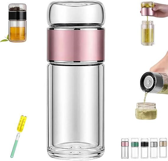 Glass Infuser,2025 New 3-in-1 Design Glass Infuser Built-in Filter Tea Infuser,Double-Layer Tea-Leaf Separation Tea Maker with Filter,Used for Tea and Other Drinks (Pink, 420ml)