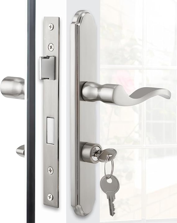 MaxxGeek Flat Slot Storm Door Handle Complete Set, Mortise Keyed Lever Mount Latch with Deadbolt for Screen and Storm Doors with Screw Kit (Brushed Nickel)