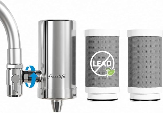 Frizzlife Water Filter for Sink Faucet, 2 Filters Certified Reduce 99% Lead, Heavy Metal For Skin Care, 360 Rotating&304 Stainless Steel Tap Purifier for Kitchen Sink/Bathroom, 700 Gallons, FS99