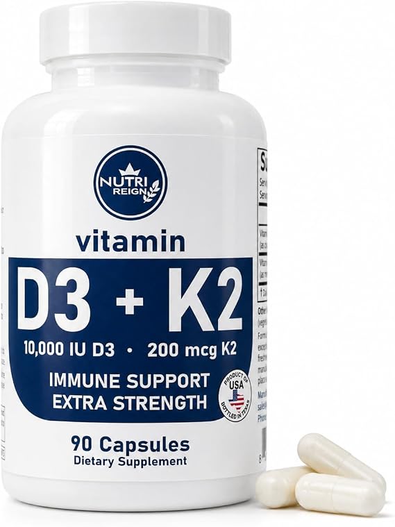 Vitamin D3 10,000 IU + K2 MK-7 200 mcg, High-Potency D3 K2 Supplement, Non-GMO, Gluten-Free, 90 Capsules