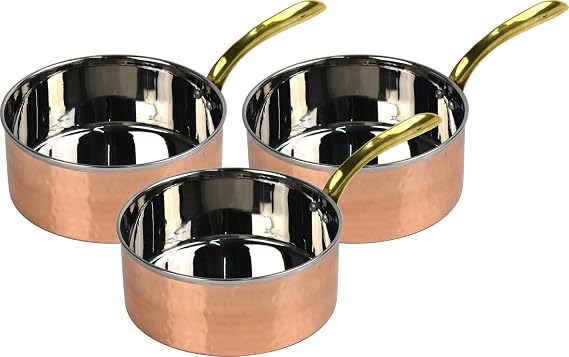Copper Sauce Pan Set 3 Pieces Stainless Steel with Hammered Copper Brass Handle for Cooking & Serving (3X 850ml Capacity)