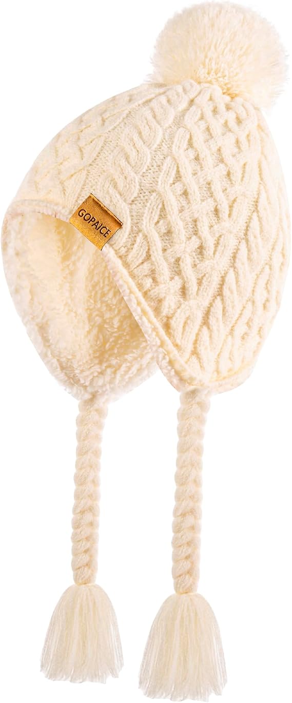 Kids Winter Beanie Hat with Pom Pom, Winter Fleece Lining Skiing Caps with Warm Ear Flap 4-10 Years