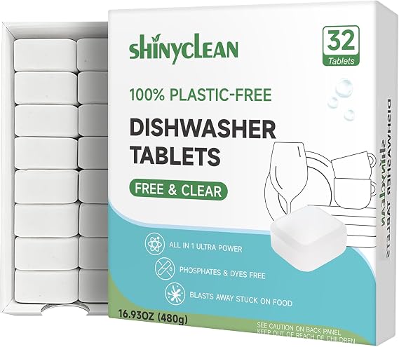 100% Plastic-Free Dishwasher Tablets, Free & Clear, 32 Count