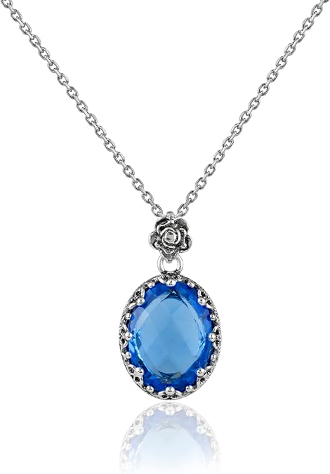 Filigranist 925 Sterling Silver Filigree Art Women Crown Oval Pendant Necklace with Gemstones