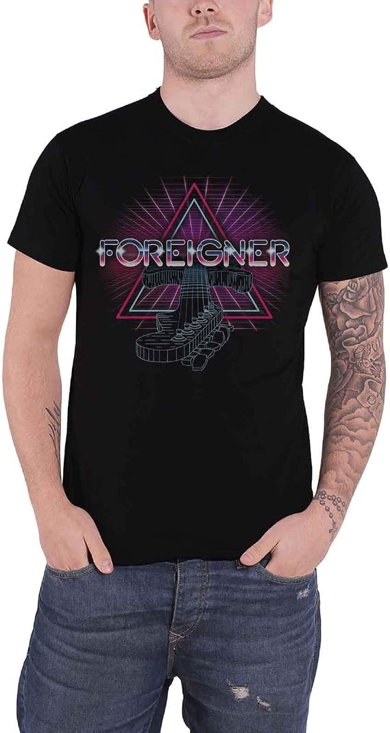 Foreigner T Shirt Neon Guitar Band Logo Official Mens Black Size M