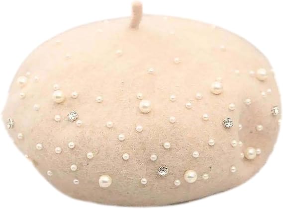 Pearl Beaded Winter Wool French Beret Hat Artist Beanie Cap for Women