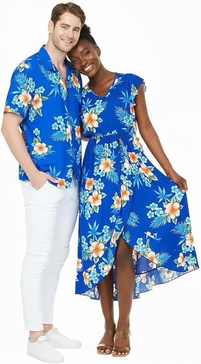Matchable Couple Hawaiian Luau Shirt or Wrap Ruffle Dress in Hibiscus Blue