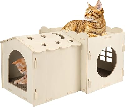 Wooden Cat Scratcher House,Cat House with Scratch Cardboard Pad,2 Tier Sturdy Kittens Bed House Indoor with Air Vents for Small to Large Sized Cats and Rabbits Use