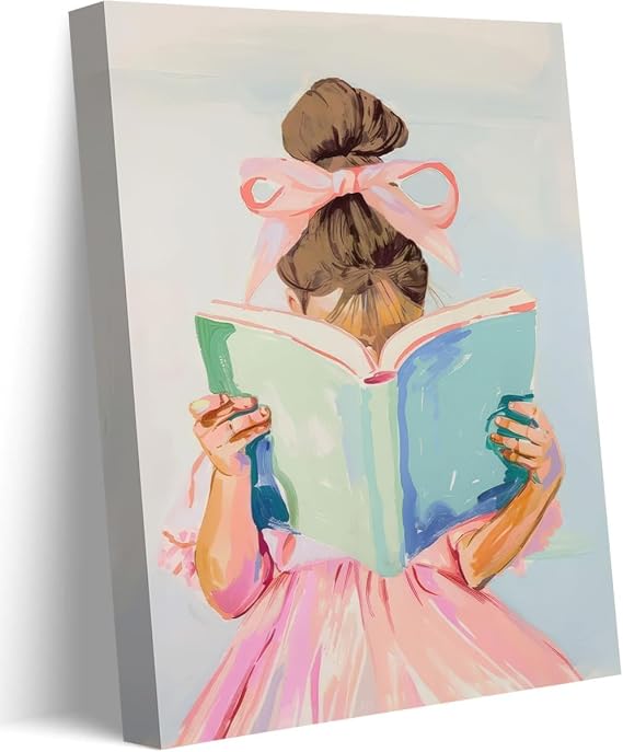 Brown hair girl reading book canvas wall art children reading wall decor picture Pastel little girl poster print pink bow aesthetic artwork for gallery library reading nook decoration,12x16in