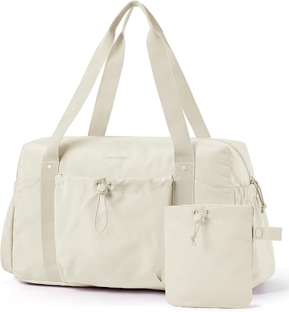 BAGSMART Foldable Travel Duffle Bag for Women, Gym Tote Bag for Sports, 26L Airport Carry On Weekender Overnight Bag for Travel, Travel Accessories(Beige)