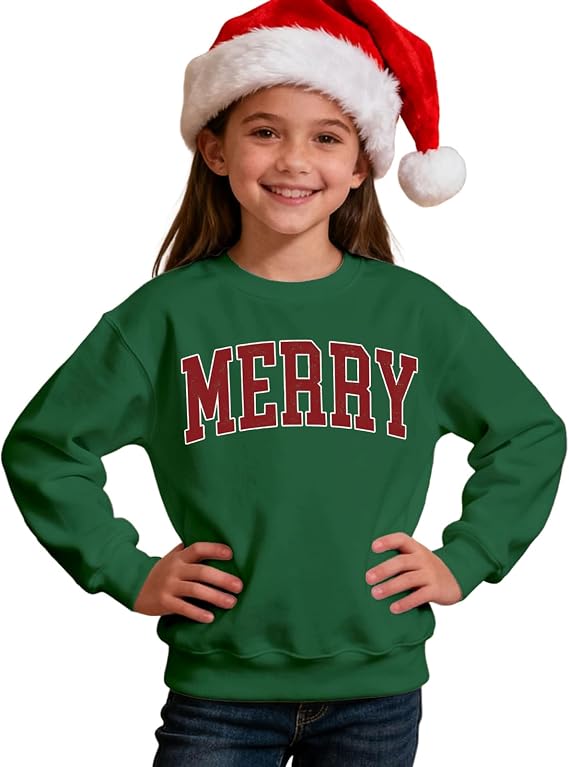 Kids Merry Christmas Sweatshirt Boys Girls Retro Splatter Merry Crewneck Pullover Xmas Shirts Holiday Tops Clothes(Green,7-8Y)