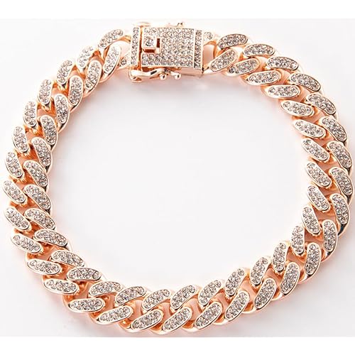 Serijoars Dog Chain Collar Diamond Cuban Link Dog Collar 13mm Wide Metal Puppy Necklace Cute Fashion Jewelry Accessories for Small Medium Large Pets Cats Rose Gold, 10 Inches