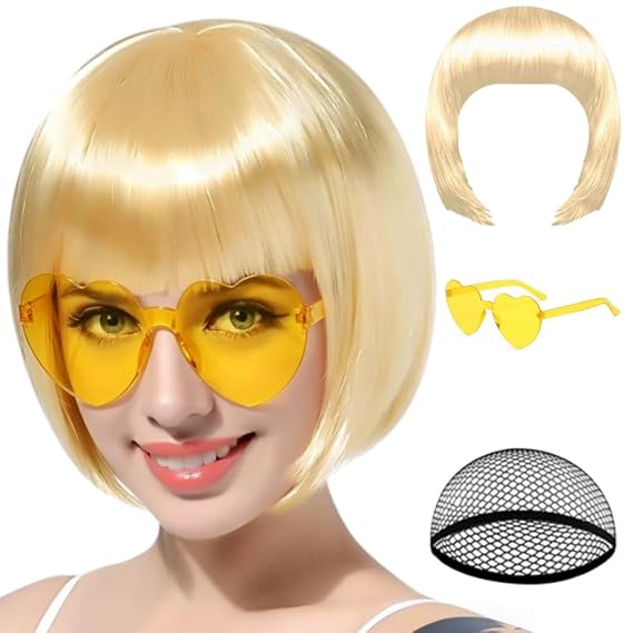 FREE BEAUTY Blonde Bob Wig with Heart Sunglasses and Hair Cap for Women-Straight Synthetic Hair With Classic Flat Bangs for Women Natural Looking Bachelorette Halloween Party Christmas Wigs