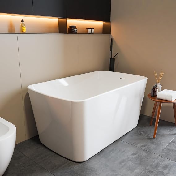 Bathtub 49" Acrylic Free-Standing Bathtubs for Bathroom,Square Shape Janpanese Soaking Tub with Seat Desgin,Stand Alone Tub with Toe-Tap Chrome Drain, Slotted Overflow, CUPC Certified,Glossy White
