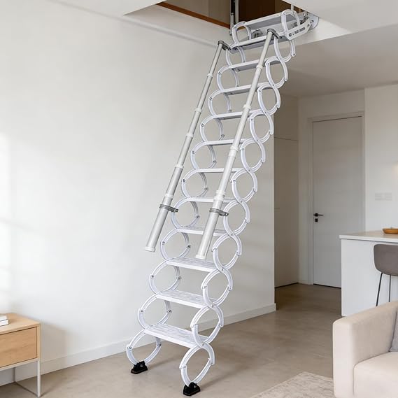 12 Steps Wall-Mounted Folding Stairs for Attic, Attic Ladder Pull Down System with Retractable Handrail& Pull Rod, Anti-Slip Steps, Attic Stairs for Home (White, 9.6-10ft)