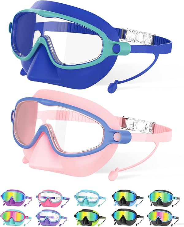 Kids Swim Goggles with Nose Cover for 3-12, 2 Pack Anti Fog/UV Swimming Goggles Mask for Boys Girls Toddler
