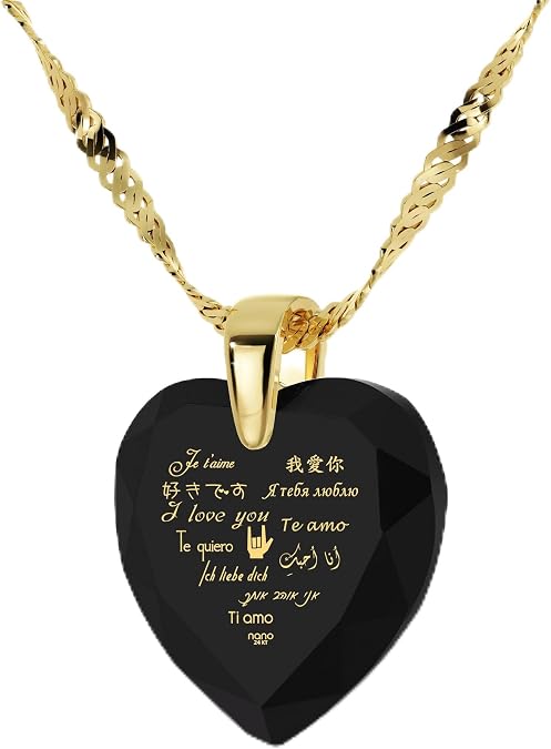Romantic Heart Pendant for Women I Love You Necklace in 12 Languages Pure Gold Inscribed on Heart-Shaped Cubic Zirconia Valentine's Day Gift Gemstone, 18" Gold Plated Chain