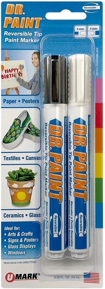 U-Mark Dr. Paint Reversible Tip Paint Markers 3/5mm Bullet Chisel Tip, Marks On Glass Posters Canvas Wood Plastic Ceramic, 2 Pack, Black and White