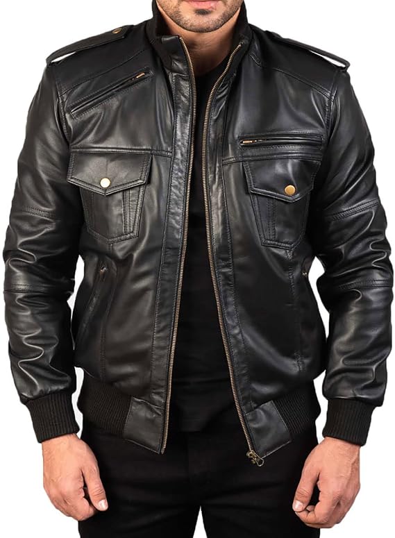 The Jacket Maker Agent Shadow Men's Black and Brown Leather Bomber Jacket | Agent Shadow Leather Bomber Jacket for Men
