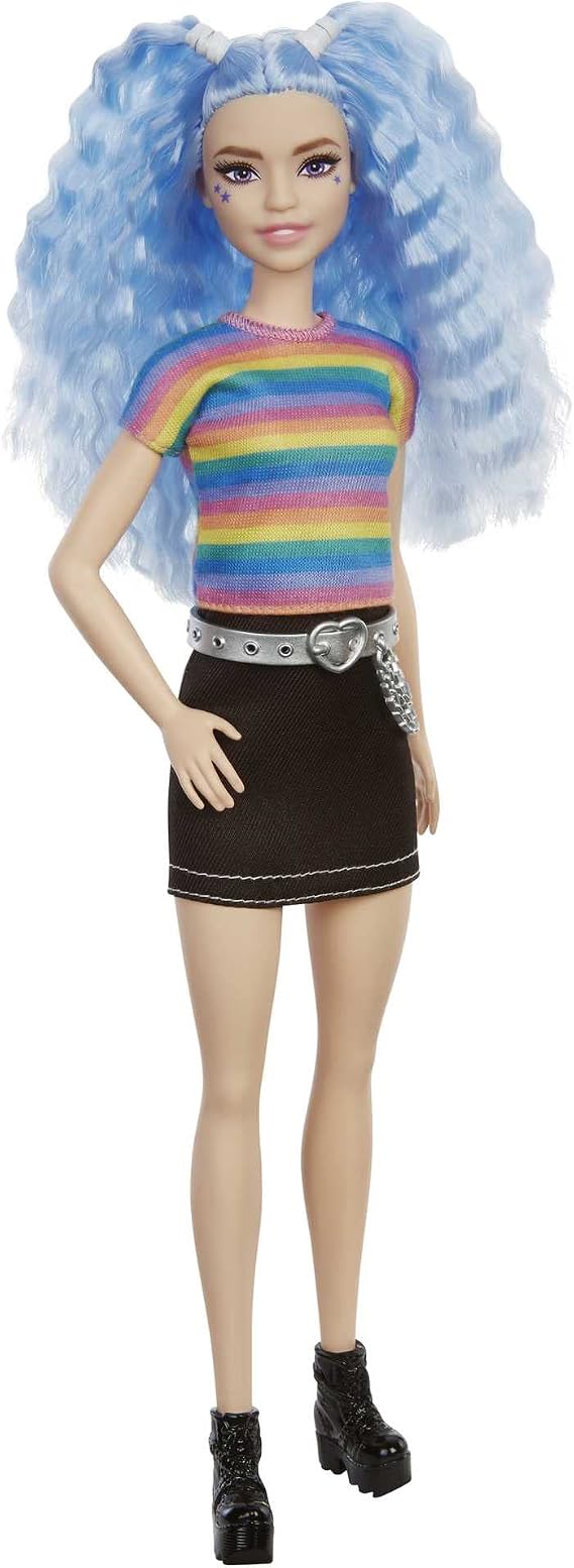 Barbie Fashionistas Doll with Long Blue Crimped Hair, Star Face Makeup, Multi-Color Striped Tee, Denim Skirt, Black Boots & Silvery Chain Belt, Toy for Kids 3 to 8 Years Old