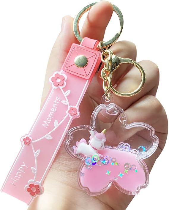 HSYHERE Girls Women Creative Beautiful Romantic Floating Unicorn Cherry Blossom Bottle Ball Help Relax Keychain Keyrings, Moving Sand Car Key Chain Key Ring Bag Pendant Key Holder Strap Bell -Pink
