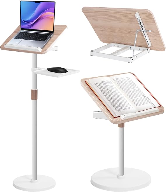 2 in 1 Floor Book Stand with Removable Tray & Page Clips, White