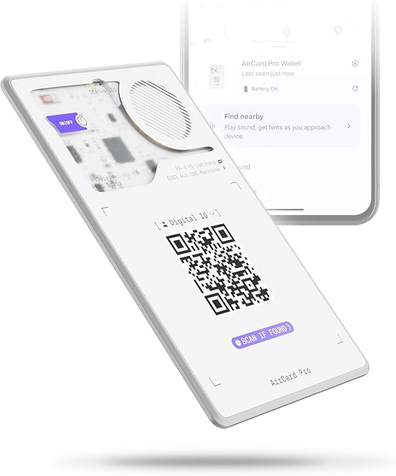 Rolling Square AirCard Pro - Android Find Hub only Bluetooth Tracker Card (2 Pack), Wireless Charging, Digital ID, Anti-Loss Wallet Finder, White