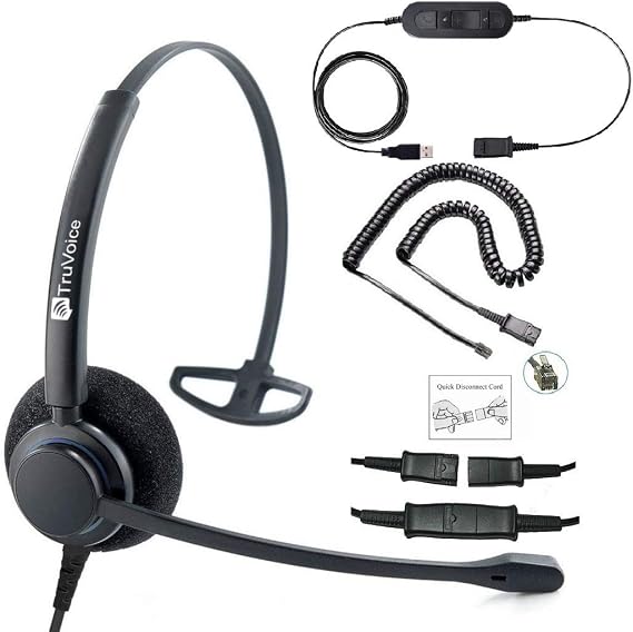 TruVoice Professional Single Ear Headset with Noise Canceling Mic, USB and U10P Cable Works with Mitel, Polycom VVX, Nortel, Avaya Digital, Analog Deskphones and PC (Softphone) - Complete Solution