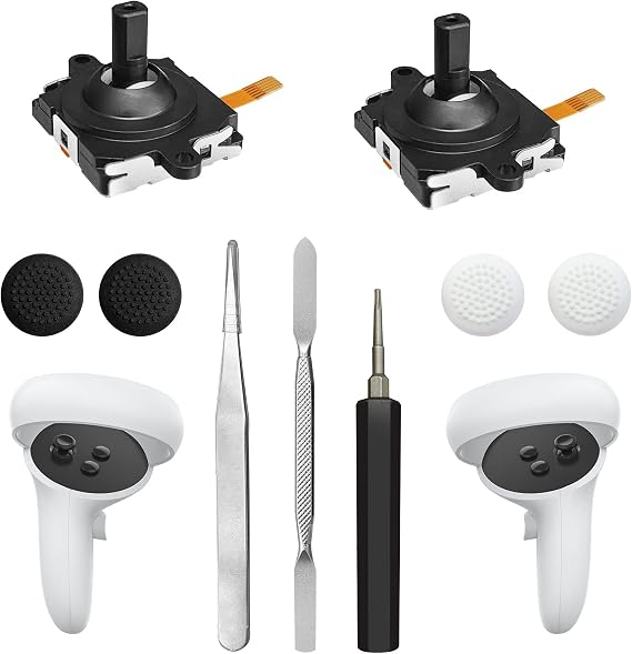 Joystick Replacement Kit for Oculus Quest 2 Controller, Repair Kit for Meta Quest 3 Controller, Include 2 Joysticks, T5 Screwdriver, Tweezer, Pry Tool, 4 Thumbstick Grips (Black-11-in one)