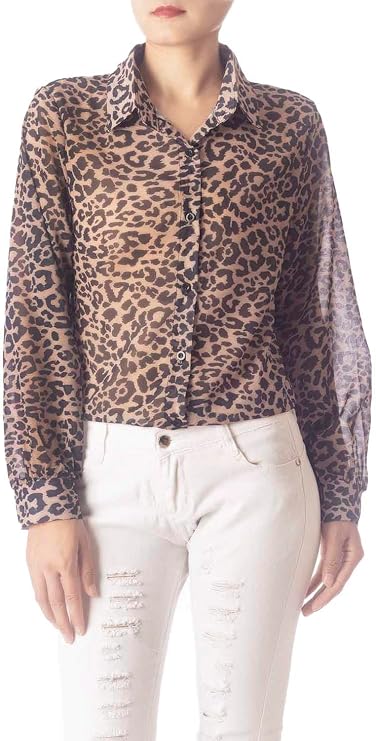 iB-iP Women's Leopard Patterned Casual Button Semi Sheer Long Sleeve Shirt