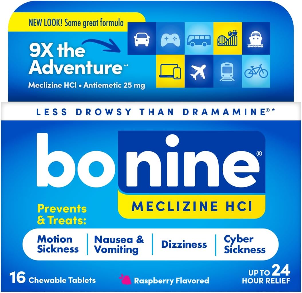 Non-Drowsy Bonine for Motion Sickness Relief, Sea Sickness, Car Sickness, Nausea, Vomiting - Meclizine HCI 25mg, Travel-Sized - 16ct Raspberry Chewable Tablets Packaging May Vary