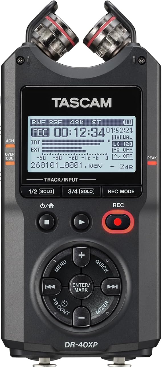 TASCAM DR-40XP 4-Channel 32-Bit Float Portable Handheld Field Recorder and USB-C Audio Interface — With 2 XLR/TRS Inputs and Adjustable Mics for Music, Audio for Video and Interviews