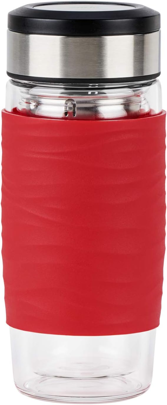 Emsa N20804 Tea Mug Double-Walled Glass 0.4 Litres Removable Strainer 100% Leak-Proof Dishwasher Safe 360° Drinking Opening Red