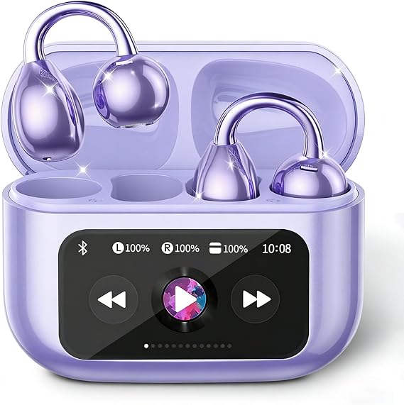 Piluyaa Clip-on Earbuds, Open Ear Earbuds with LCD Touchscreen Wireless Bluetooth 5.4, Lightweight M100 Open Ear Headphones with C-Shaped Bridge, Slim Hook,48H Battery, for Sports, Fitness (Purple)